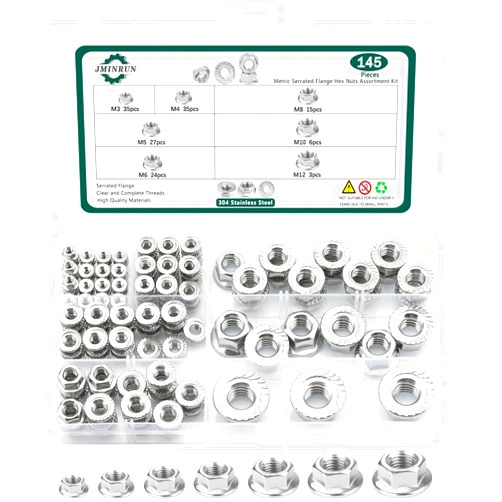 JMINRUN 145 PCS 5 Size Metric Flange Nuts Assortment Kit, 304 Stainless Steel Serrated Flange Hex Lock Nuts-M3, M4, M5, M6, M8, M10, M12