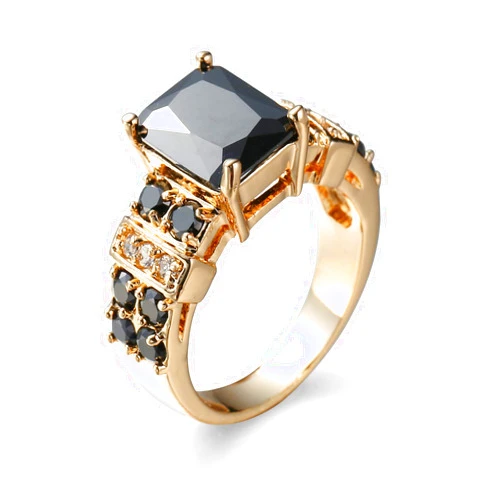 Sdouefos Black Onyx 14K Yellow Gold Filled Princess Cut Stone Gemstone Solitaire Ring Wedding Jewelry Ring (Available 6,7,8,9,10) (US 7)