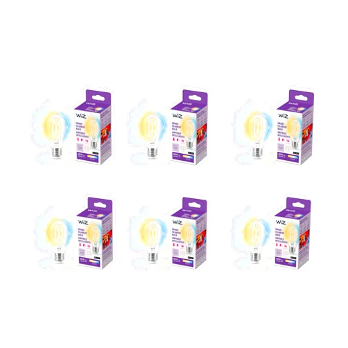 WiZ Connected WiZ Clear 60W A19 Tunable White Filament LED Smart Bulb - Pack of 6 - E26- Indoor - Connects to Your Existing Wi-Fi - Control with Voice or App + Activate with Motion - Matter Compatible