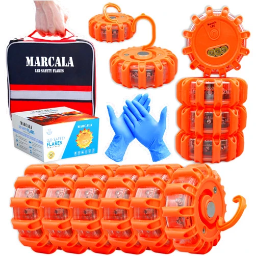 Marcala Emergency Flares for Cars 12-Pack | Roadside Safety Discs | LED Safety Flare Emergency Lights | Complete Safety Disc Kit | Seen from a Mile Away