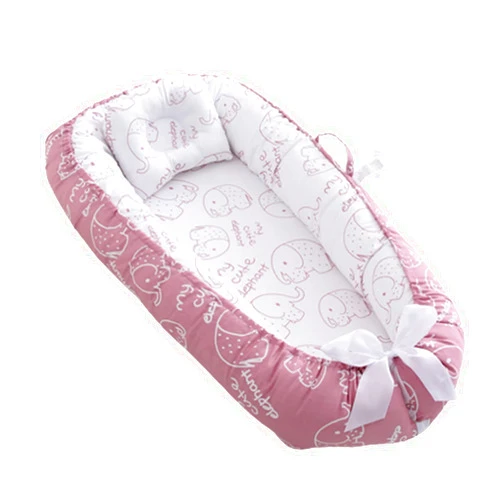 Loevin Baby Lounger for Newborn 100% Cotton,Loevin CoSleeping Baby Bed with Handles,Newborn Lounger Adjustable Size & Strong Zipper Lengthen Space to 24 Months-Elephant Pink
