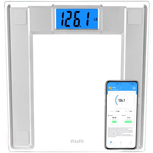 Vitafit 550lb Extra-High Capacity Digital Bathroom Scale for Body Weight and BMI Via Smart APP, Weighing Professional Since 2001, 8mm Tempered Glass and Step-on, Extra Large Blue Backlit LCD, Silver