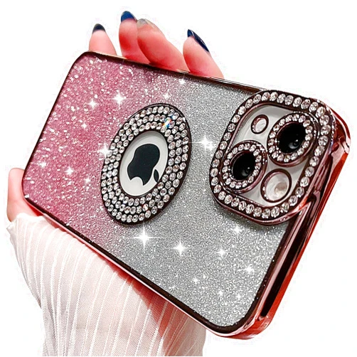 MINSCOSE Compatible with iPhone 15 Glitter Case,Luxury Cute Sparkle Diamond Design with Bling Camera Protection Plating Logo View,Aesthetic Shockproof Bumper for Women Girls Phone Cover-Pink