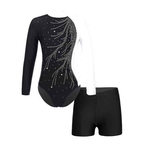 YiZYiF Kids Girls Rhinestone Long Sleeve Gymnastics Leotard Ballet Dance Unitard Bodysuit with Athletic Short Sets Tracksuit