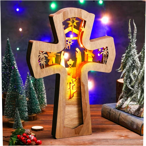 Bucherry Christmas Nativity Scene Ornament Wooden Nativity Set Christmas Ornament Religious Rustic Christmas Nativity Ornaments Scene Decorations with LED Light for Shelves Tables Decorations (Cross)