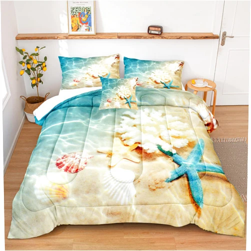 Bedbay Beach Comforter Sets King Size Beach Themed Bedding 4 Pieces Microfiber Soft Fluffy Shell Comforter Blue Ocean Decor Turquoise Teal Seashell Quilt Set for All Seasons (Coastal, King)