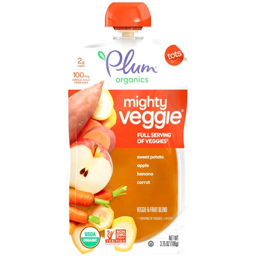 Plum Organics Baby Food Pouch | Mighty Veggie | Sweet Potato, Apple, Banana, Carrot | 3.75 Ounce | 12 Pack | Organic Food Squeeze for Babies, Kids, Toddlers