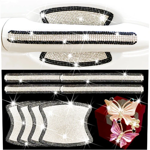 Gowxs Bling 8 Pcs Rhinestone Door Handle Scratch Protector - Diamond Car Decals, Silver and Black