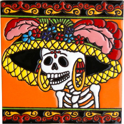 Fine Crafts Imports 6x6 The Lady in Hat. Day-of-The-Dead Clay Tile
