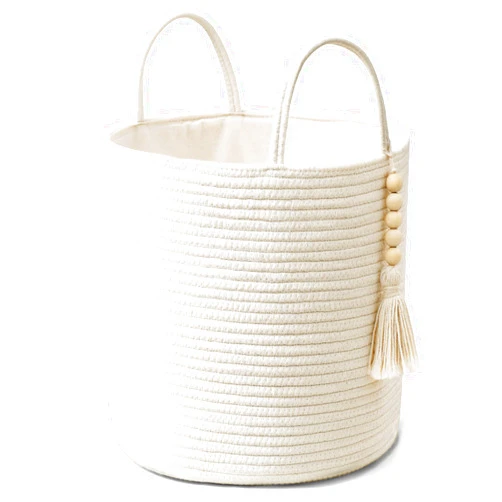 Mkono Woven Storage Basket Small Decorative Cotton Rope Basket with Bead Tassel for Storage Toys Clothes Towls Pillows Organizer Bin with Handles Plant Basket Indoor Home Decor, 11