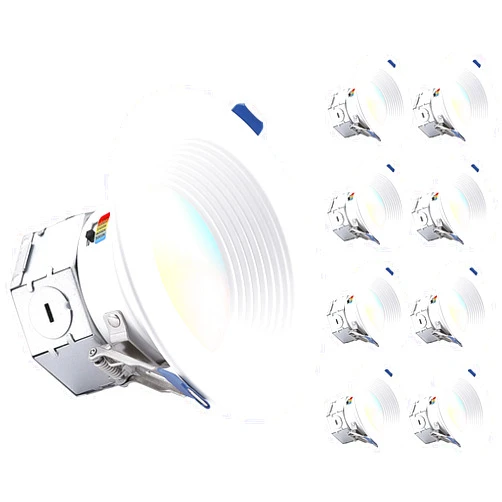 TORCHSTAR 8-Pack 5CCT 4 Inch LED Integrated Canless LED Recessed Lighting with J-Box, Anti-Glare Deep Baffle, CRI90 Dimmable Ceiling Downlight, ETL ES, Air Tight IC Rated, 2700K3000K3500K4000K5000K
