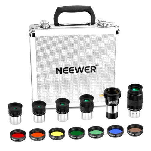NEEWER 14PCS Telescope Eyepiece and Filters Kit, Telescope Accessories with (5)1.25 Plössl Telescope Eyepiece, (1)2X Barlow Lens, (6) Colored Filters, (1) Lunar Filter, Metal Protective Carrying Case