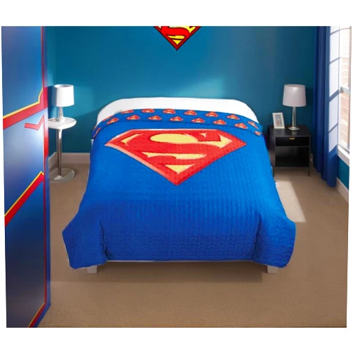 FOHOG Superhero Bedding Set with Beach Towel, Fleece Blanket, Bedspread Set, and Curtain Set for Kids - Marvel, DC Comics, Justice League, and Avengers Theme (Twin Blue Bedspread Set)