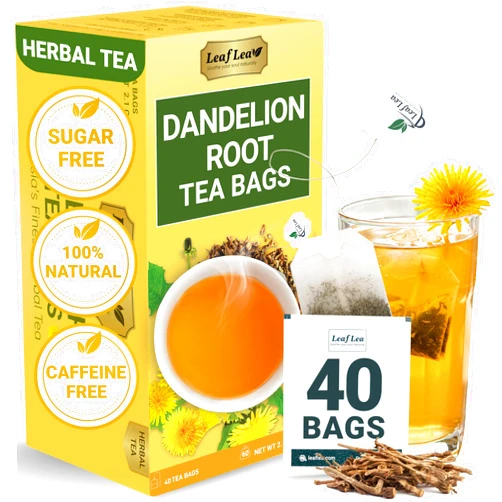 LeafLea 40 Dandelion Root Tea Bags, Dandelion Tea Supports Wellness and a Balanced Lifestyle, Natural Dried Dandelion Root, Vegan, No Sugar, Caffeine-Free