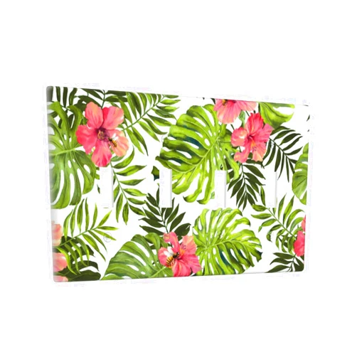 Wpshijia Tropical Plant Green Palm Quad Toggle Wall Plate Covers Decorative 4-Gang Wall Plates Banana Leaves Pink Flower Rainfores Jungle Botanical Electrical Switchplate for Bathroom Bedroom Kitchen Decor