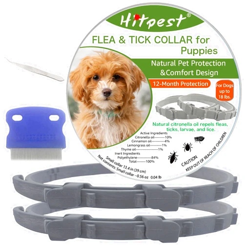 Hitpest Flea and Tick Collar for Puppies - 12-Month Natural Protection - Safe & Effective Flea and Tick Prevention - Includes Flea Comb and Tweezers, 2-Pack