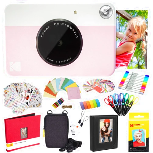 KODAK Printomatic Instant Camera (Pink) All-in-Bundle + Zink Paper (20 Sheets) + Deluxe Case + Photo Album + 7 Sticker Sets + Markers + Scissors and More