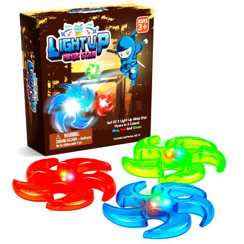 PICK A TOY Light Up Ninja Flyers Set, 3 LED Electronic Stars, Heavy Duty Rubber Throwing Discs, Fun and Interactive Kids Toys for Tossing, Games, and Play, 3 Colors, Includes Gift Box