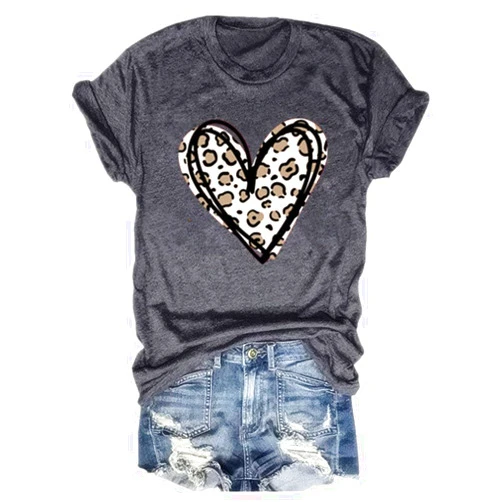 SurBepo Valentine's Day Shirts Women Funny Buffalo Plaid Leopard Love Heart Printed T-Shirts Short Sleeve Graphic Tee Tops