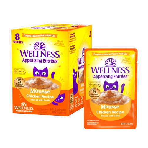 Wellness Appetizing Entrées Mousse Adult Wet Cat Food, Natural, Protein-Rich, Grain Free, 1.4 Ounce Pouch, 8 Pack (Chicken Recipe)