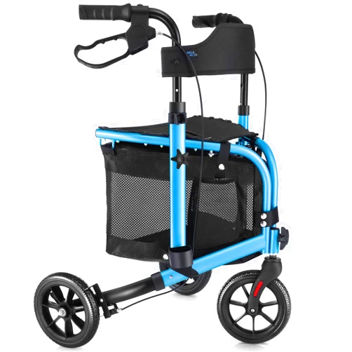 WALK MATE 3 Wheel Rollator Walker with Seat for Slim Seniors, Padded Backrest Lightweight Foldable Walker Ideal for Elderly, 8 Inch Tri-Wheel Modern Mobility Walking Aid Aluminum, Blue
