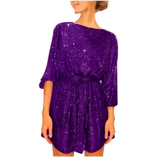 Generic KELYWELL Women Long Sleeve Sequin Glitter Dress Party Sparkle Loose Fit Shift Mini Dress Bodycon Short Dresses with Belt