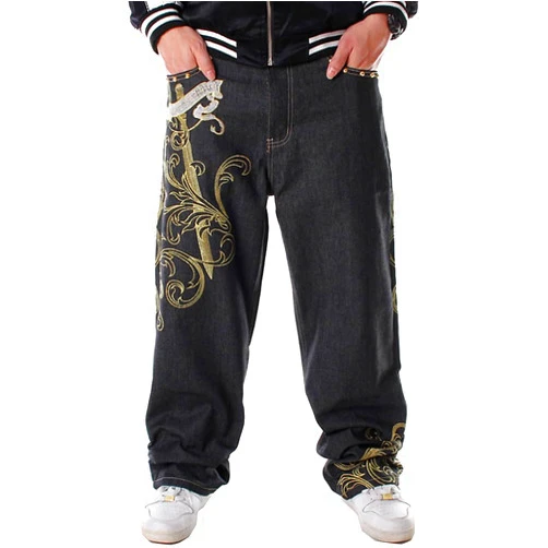 Ruiatoo Mens Jeans Fashion Skateboard Pants Snake Embroidery Baggy Jeans Hip Hop Denim Black Trousers