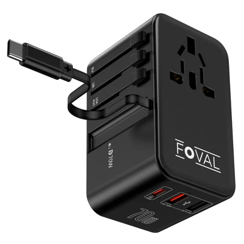 FOVAL Universal Travel Adapter, GaN 70W International Power Adapter with USB C Cable, USB C (PD 70W)&2 USB A QC Ports, Worldwide Plug Adapter Converter for Europe UK US AUS (Type C/G/A/I)