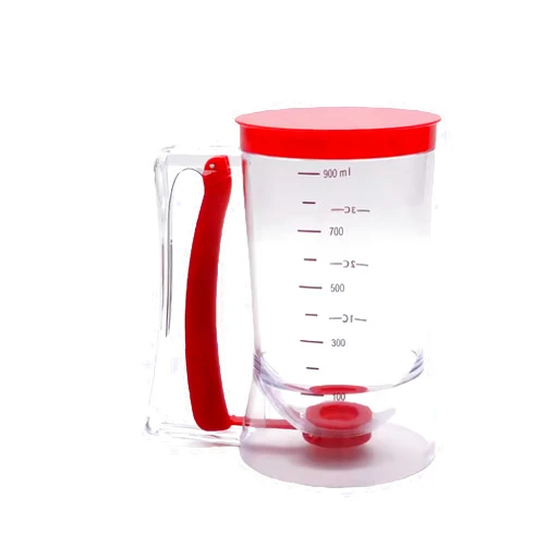 TassyQ Batter Dispenser Baking Tool with Measuring Label for Cupcakes, Waffles, Cookie, Cake, Muffins - 900ml Flour Paste Dispenser Sustainable, Stocked, Plastic + Silicone, Red/Purple (Red)