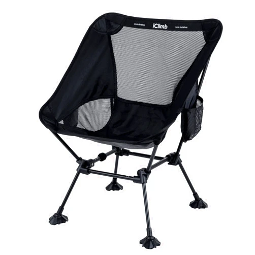 iClimb Ultralight Compact Camping Folding Beach Chair with Anti-Sinking Large Feet and Back Support Webbing (Black - Square Frame)