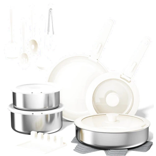 Sanho 21-Piece Pots and Pans Set, Healthy Ceramic Nonstick Cookware with Detachable Handles, Induction RV Kitchen Set, Dishwasher & Oven Safe, Beige White