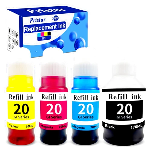 Pristar GI-20 Ink Bottles G6020 G7020 G5020 Ink Refill Compatible for Canon GI-20 GI20 GI 20 Refill Ink Bottles Kit Compatible for Cano n G5020 G7020 G6020 MegaTank Printer, PGBK and Color 4 Pack
