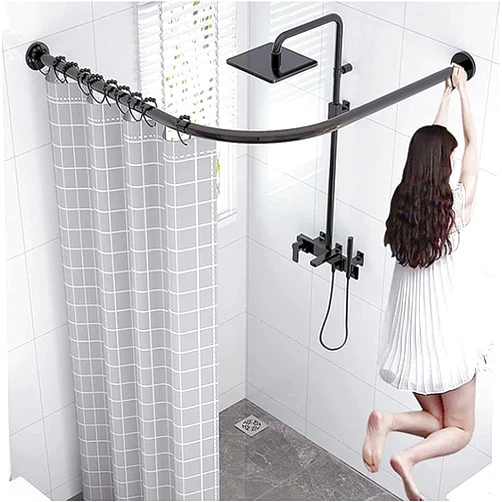 MLKJXD Curved Corner Shower Curtain Rail extendable L Shape Extendable Shower Curtain Rod Curved No Drill Shower Curtain Rail 100% Rustproof Bathroom Corner Bathroom Curtain Hanger Pole for Bath Tubs