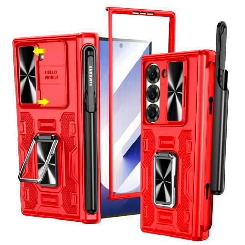 VEGO for Samsung Galaxy Z Fold 6 Case with 360°Ring Magnetic Kickstand & Removable S Pen Holder & Hinge Protection & Slide Camera Cover Shockproof Protective Case for Galaxy Z Fold 6 - Vibrant Red