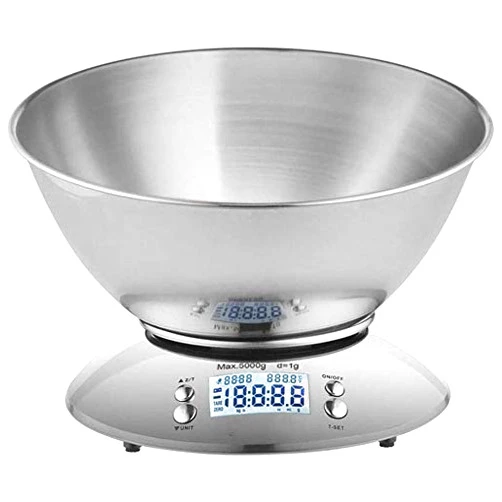 ELUKHT Electronic Scales 11lb/5kg Kitchen Scales Stainless Steel Digital Cooking Food Scales with Detachable Mixing Bowl Ambient Temperature Sensor and Kitchen Timer Alarm Backlight LCD Display BRFDC