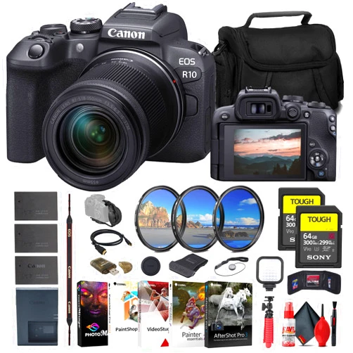 Canon EOS R10 Mirrorless Camera with 18-150mm Lens (5331C016) + 2 x Sony 64GB TOUGH SD Card + Filter Kit + Wide Angle Lens + Telephoto Lens + Color Filter Kit + Lens Hood + Bag + More (Renewed)