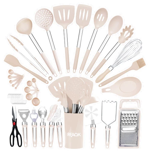RFAQK Silicone Kitchen Utensils Set With Holder, 40PCs Heat Resistant Cooking Set for Nonstick Cookware, Kitchen Gadgets includes Can Opener, Potato Masher & Peeler, Tongs,spatulas,Pizza cutter Khaki…
