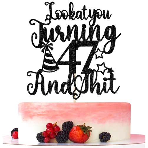 Bytorjar Happy 47th Birthday Cake Topper, 47th Birthday Cake Decor, Cheers to 47 Years, Hello 47, Funny 47th Birthday Party Decorations Black Glitter