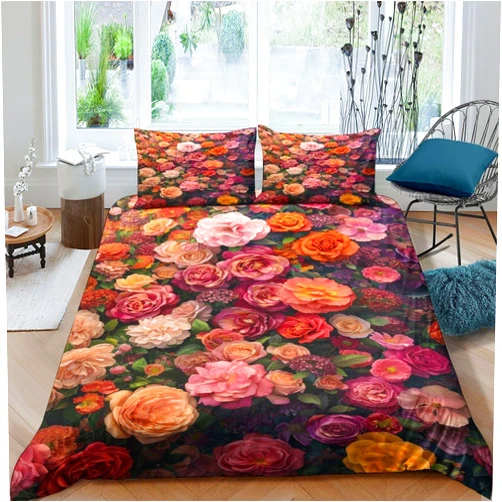 MIMIBEDDING Roses Quilt Cover 3D Print Sea of Flowers Comforter Covers for Boys Girls Duvet Cover with Zipper Closure Soft Microfiber with Pillow Cases Bedding Set 3 Pieces Twin（173x218cm）