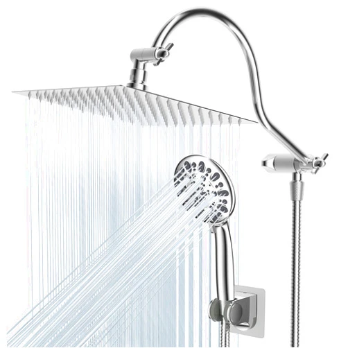 Hibbent All Metal Shower Head, 10'' High Pressure Rainfall Shower Head/Handheld Showerhead Combo with 12'' Adjustable Curved Shower Extension Arm, 7-Spray, 71'' Shower Hose, Showerhead Holder, Chrome