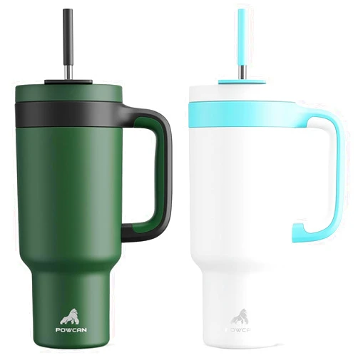 POWCAN 40 oz Tumbler with Handle 2 Pack, 2-in-1 Straw & Sip Lid, Leakproof, Dishwasher Safe, Insulated Stainless Steel Coffee Mug, Keeps Cold for 34 Hours, Fits in Car Cup Holder(Forest & Glacier)