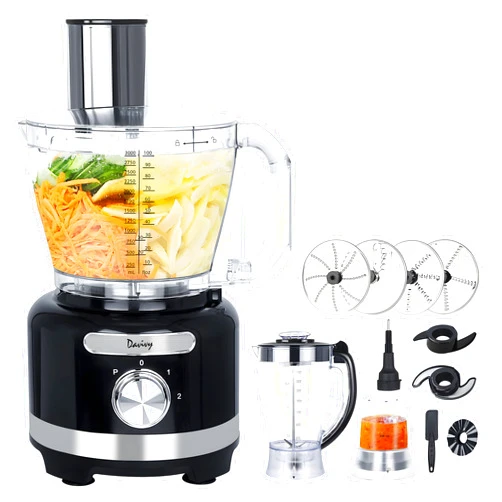 Davivy 16 Cup Food Processor Blender Combo,11-in-1 Multifunction 3.8L Food Chopper 7 CUP(60 oz) Blender 1 CUP(8.5 oz) Wet Grinder,600W Electric Vegetables Chopper for Home Use,Black