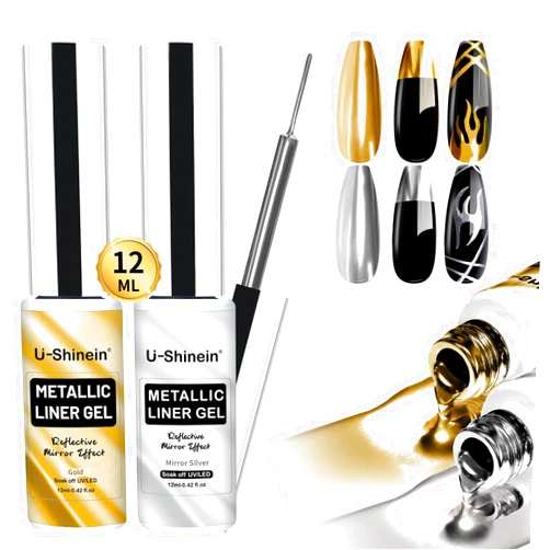 U-Shinein 2x12ml Metallic Mirror Painting Gel Nail Polish, Silver & Gold Metal Painted Drawing Gel with Build in Thin Brush, Chrome Gel Polish Nail Art Gel Liner Soak Off Nail Art Manicure