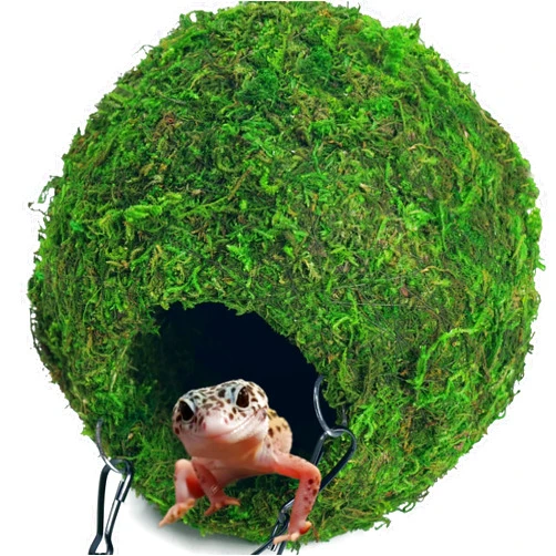 BYHER Mossy Cave with Chain, Reptile Hideouts Artificial Moss Ball Hide Cave for Leopard, Hermit Crab, Lizards, Frogs and Snakes Terrarium Decor (Woodland - 6