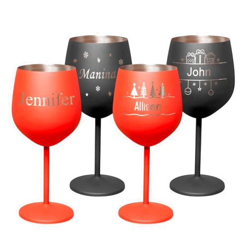 FAMGRAVING Custom christmas stainless steel wine glasses, personalized 18 oz unbreakable metal powder coated brushed wine goblet, engraved corporate holiday employee gift cup for red wine white wine
