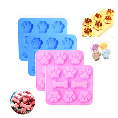 YIFARUBE 4 Packs Silicone Molds Puppy Dog Paw & Bone Shaped 2 in 1, YIFARUBE Reusable Chocolate Cookies Molds for Pets and Kids, Oven Microwave Freezer Dishwasher Safe (Pink, Blue)