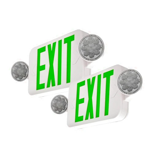 Light Fixture Industries LFI Lights | Combo Green Exit Sign with Emergency Lights | White Housing | All LED | Two Adjustable Round Heads | Hardwired with Battery Backup | UL Listed | (2 Pack) | COMBOJR2-G