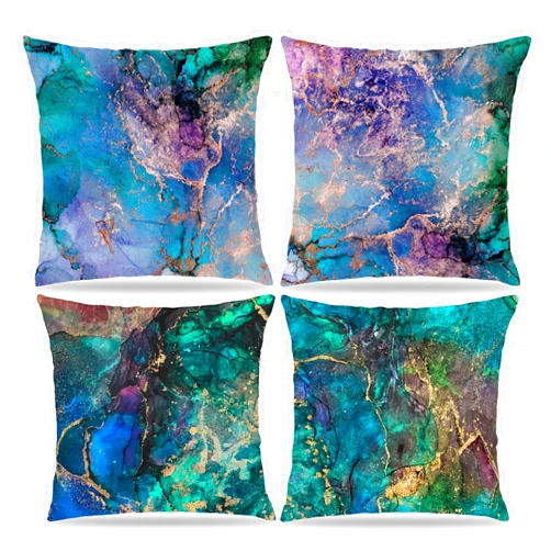 Pleonox Luxury Abstract Colorful Marble Pillow Covers 18x18, Modern Blue Purple and Green Decorative Pillow Covers for Home Bedroom Living Room Decor, Modern Home Decor, Set of 4