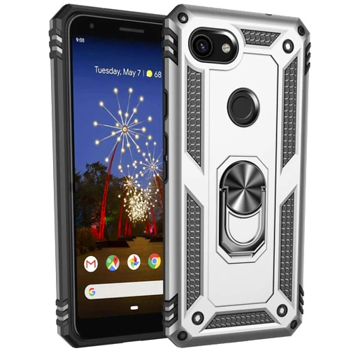 Dishibei Military Grade Drop Impact for Google Pixel 3A XL Case 360 Metal Rotating Ring Kickstand Holder Magnetic Car Mount Armor Shockproof Case for Google Pixel 3A XL Protection Case (Sliver)