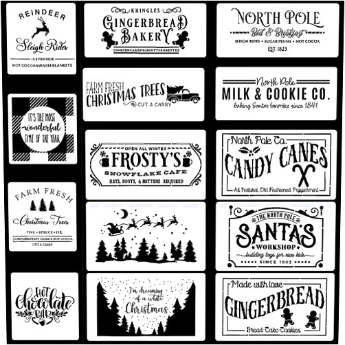 KUANSHENG 14PCS Christmas Stencils for Wood Painting - DIY Farmhouse Signs, North Pole Fresh Christmas Tree, Santa, Winter Holiday Reusable Templates for Home Decor & Crafts